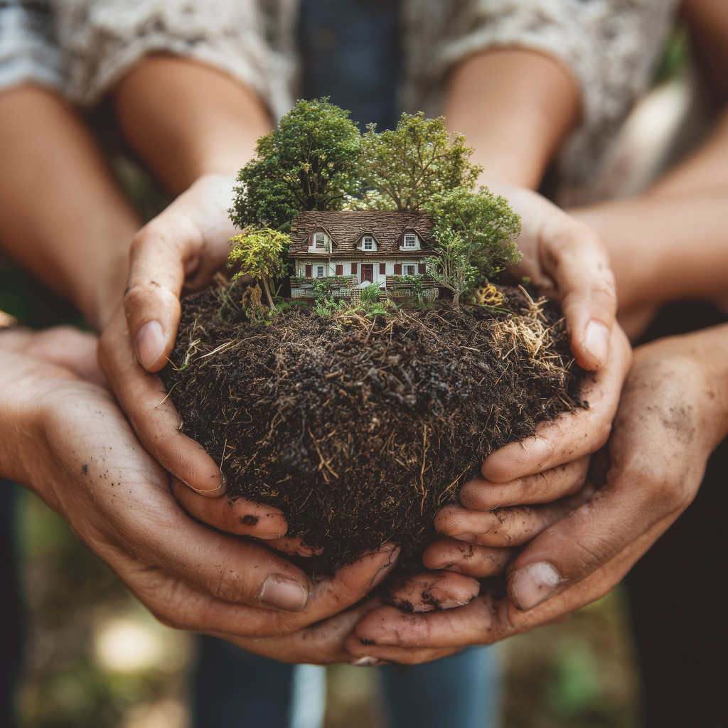 A home held by three peoples hands